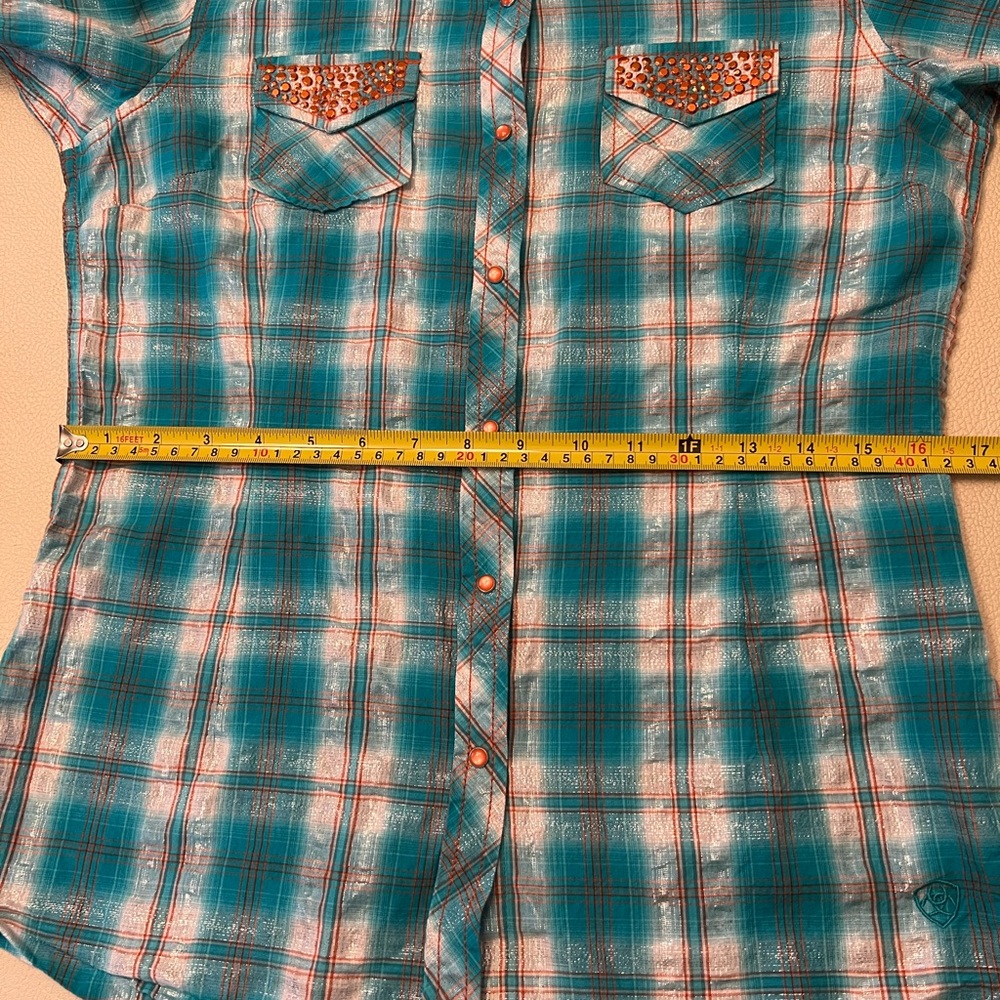 WOMEN’S ARIAT WESTERN SHIRT MEDIUM FITTED PEARL SNAP TEAL METALLIC PLAID STUDDED - Picture 7 of 10